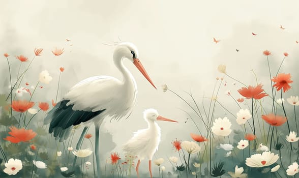 Illustration of a stork on a natural background. Selective soft focus.