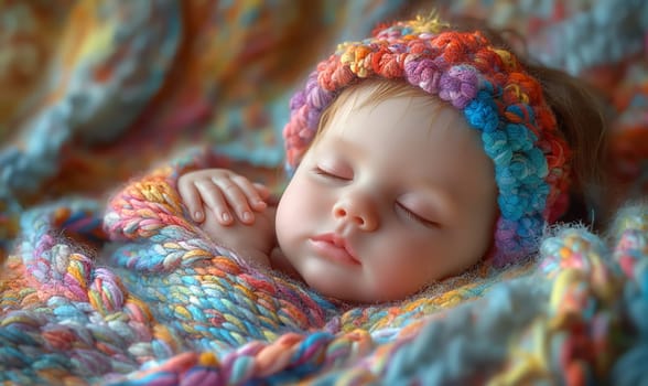 A small child sleeps in a knitted blanket. Selective soft focus.