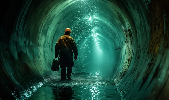 A worker walks in a round tunnel through water. Selective soft focus.