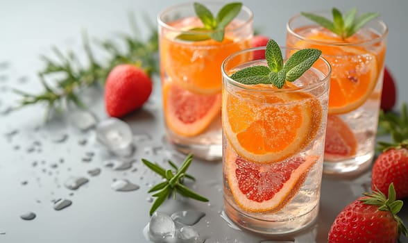 Drink with a slice of orange in a transparent glass. Selective soft focus.