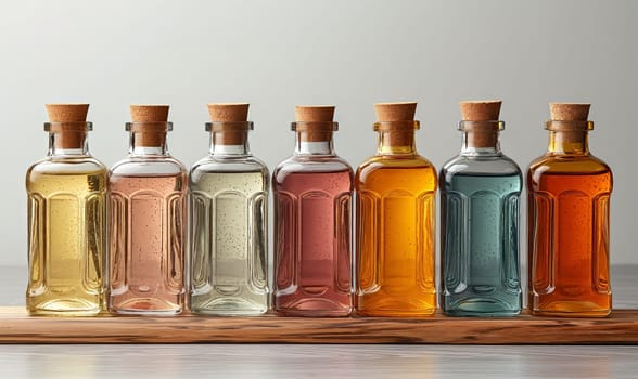 Empty transparent colored bottles on a light background. Selective soft focus.