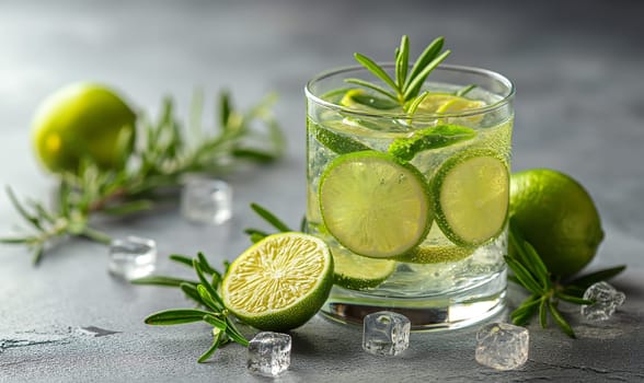 Drink with lemon on the table in a transparent glass. Selective soft focus.