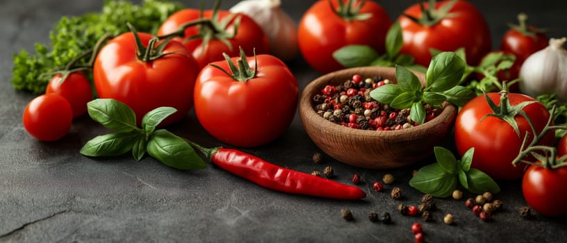 Tomatoes and basil on a dark background. Selective soft focus