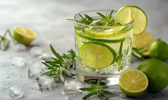 Drink with lemon on the table in a transparent glass. Selective soft focus.