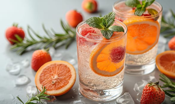 Drink with a slice of orange in a transparent glass. Selective soft focus.