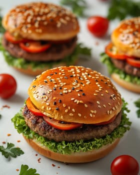 Juicy and tasty burger on a blurred background. Selective soft focus