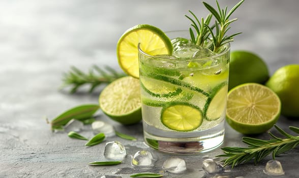 Drink with lemon on the table in a transparent glass. Selective soft focus.