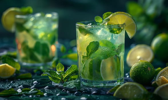 Drink with lemon on the table in a transparent glass. Selective soft focus.