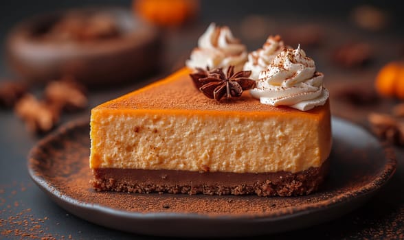 Traditional pumpkin cheesecake on a blurred background. Selective soft focus.