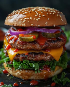 Juicy and tasty burger on a blurred background. Selective soft focus