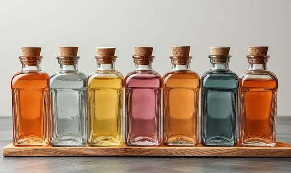 Empty transparent colored bottles on a light background. Selective soft focus.