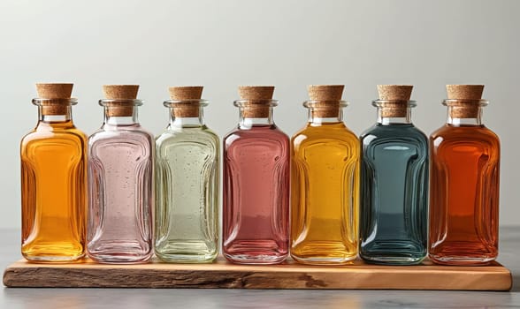 Empty transparent colored bottles on a light background. Selective soft focus.