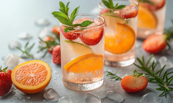 Drink with a slice of orange in a transparent glass. Selective soft focus.