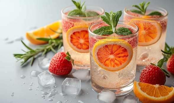 Drink with a slice of orange in a transparent glass. Selective soft focus.