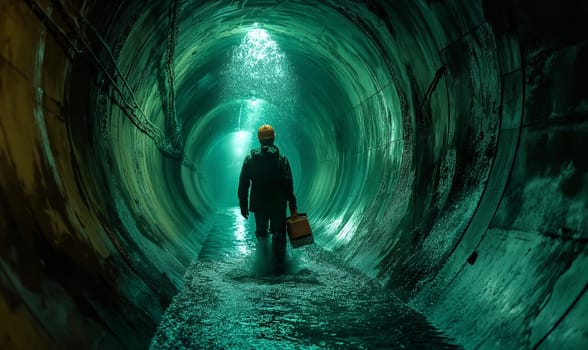 A worker walks in a round tunnel through water. Selective soft focus.