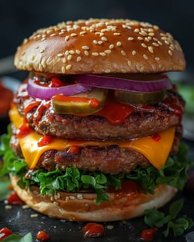 Juicy and tasty burger on a blurred background. Selective soft focus