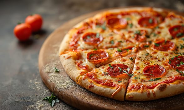 Appetizing pizza with sausage on the table. Selective soft focus.