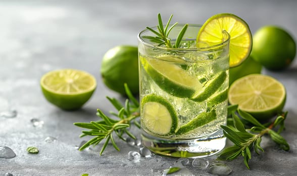 Drink with lemon on the table in a transparent glass. Selective soft focus.