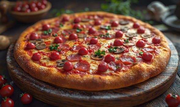 Appetizing pizza with sausage on the table. Selective soft focus.