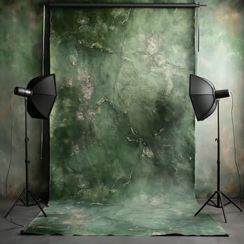 Photo studio with lamps and green background. Selective soft focus.