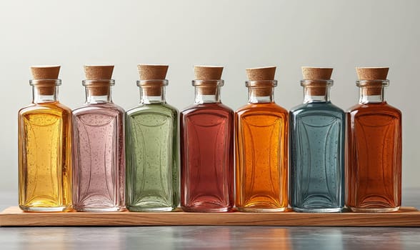 Empty transparent colored bottles on a light background. Selective soft focus.