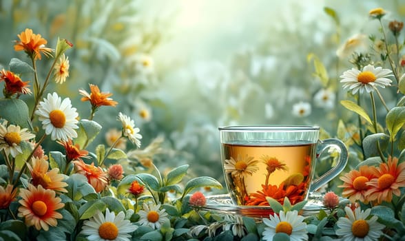 Floral tea in a transparent mug on a background with flowers. Selective soft focus