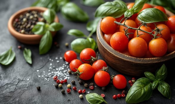 Tomatoes and basil on a dark background. Selective soft focus