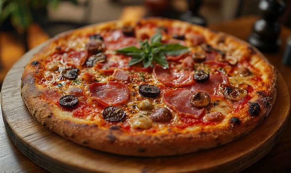 Appetizing pizza with sausage on the table. Selective soft focus.