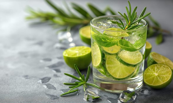 Drink with lemon on the table in a transparent glass. Selective soft focus.