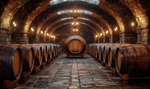 Large barrels in the cellar of the winery. Selective soft focus.