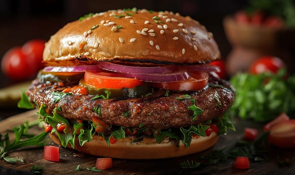 Juicy and tasty burger on a blurred background. Selective soft focus