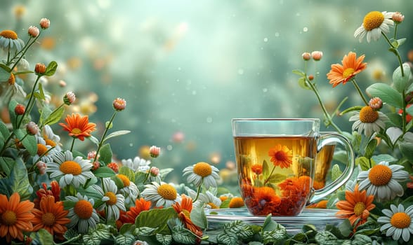 Floral tea in a transparent mug on a background with flowers. Selective soft focus