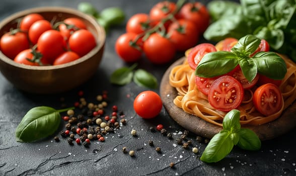 Tomatoes and basil on a dark background. Selective soft focus