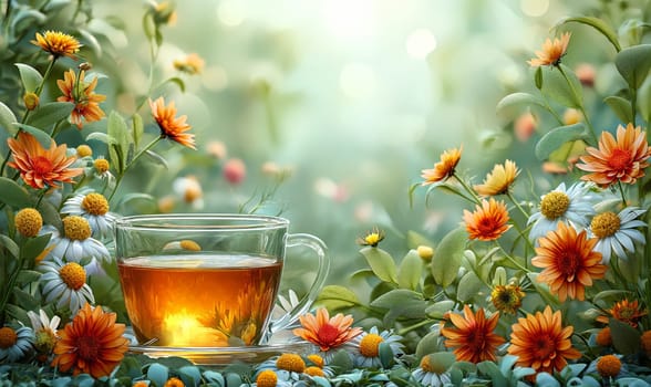 Floral tea in a transparent mug on a background with flowers. Selective soft focus