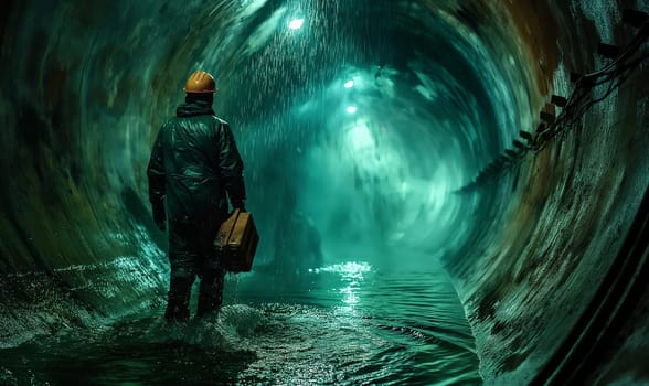 A worker walks in a round tunnel through water. Selective soft focus.