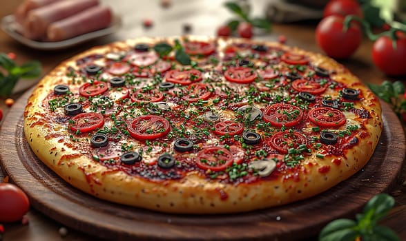 Appetizing pizza with sausage on the table. Selective soft focus.