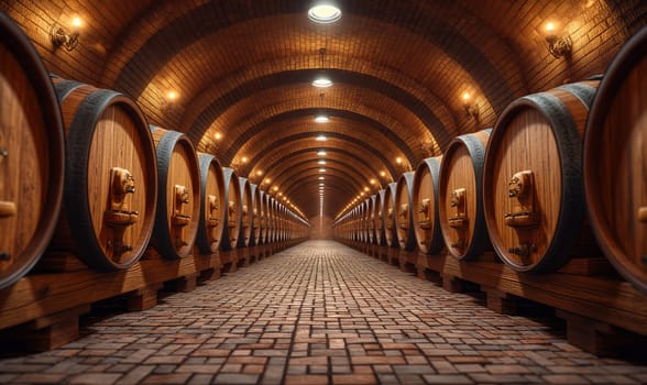 Large barrels in the cellar of the winery. Selective soft focus.