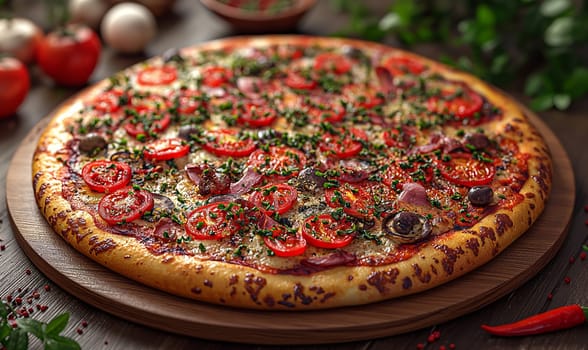 Appetizing pizza with sausage on the table. Selective soft focus.