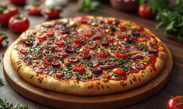 Appetizing pizza with sausage on the table. Selective soft focus.