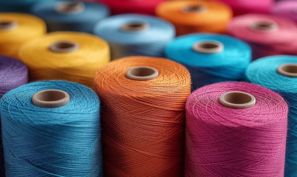 Creative background from spools of multi-colored threads. Selective soft focus.