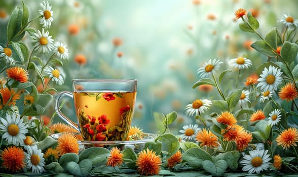 Floral tea in a transparent mug on a background with flowers. Selective soft focus