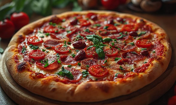 Appetizing pizza with sausage on the table. Selective soft focus.