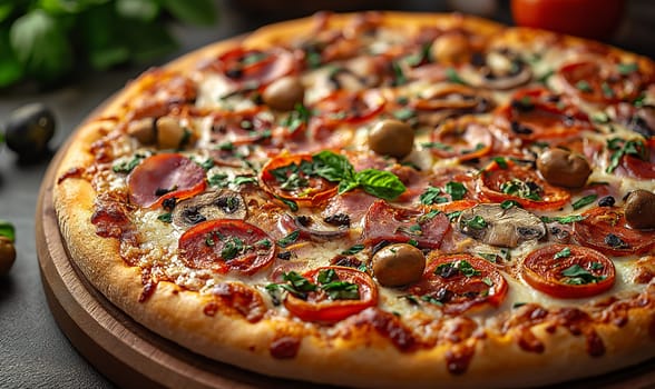 Appetizing pizza with sausage on the table. Selective soft focus.