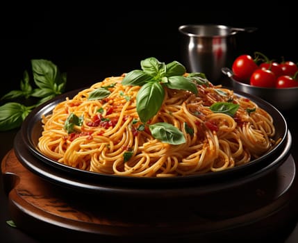 Plate of spaghetti with sauce on a dark background. Selective soft focus.