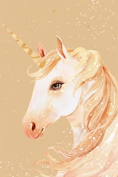 A gentle, golden-hued unicorn illustration, ideal for children's books, fantasy art, or thematic party invitations, radiating a warm, dreamlike quality. With space for text. Vertical format. Generative AI