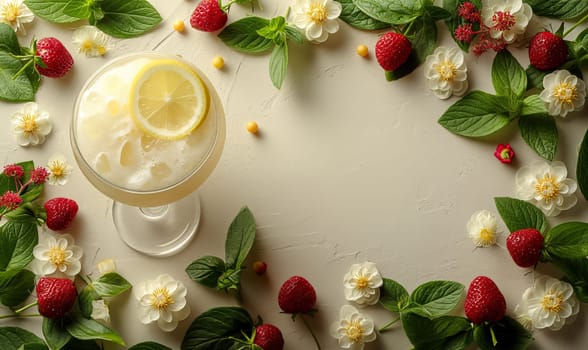 Fresh drink on a light background, top view. Selective soft focus.