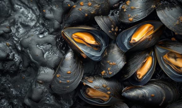 Mussels on a dark background top view. Selective soft focus.