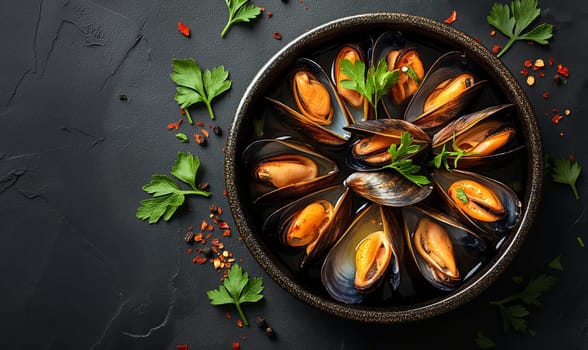 Mussels on a dark background top view. Selective soft focus.