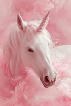 Pink glittering background with unicorn, copy space. Women's Day. It's a girl backdrop with empty space. Baby shower or birthday invitation, party. Baby girl birth announcement. Generative AI