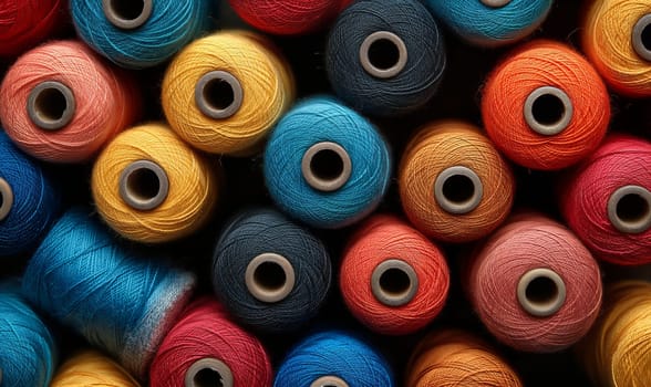 Creative background from spools of multi-colored threads. Selective soft focus.